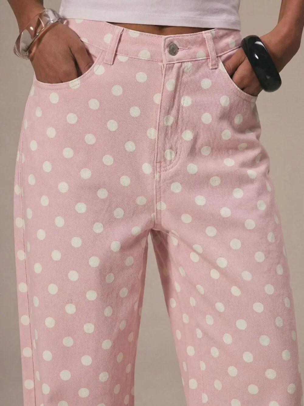 Pink Casual Women's Polka DotDenim Straight Leg Mid Rise Jeans - Picture 4 of 5